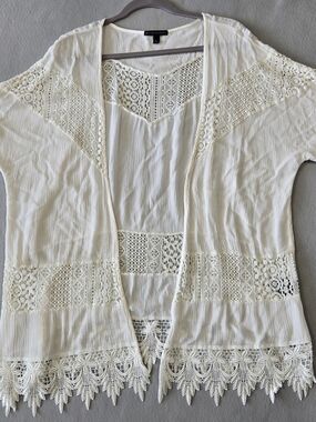 Signature Studio White Lace & Crochet Boho Kimono L
